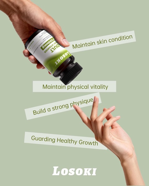This ad creative utilizes a floating product shot with layered benefit tags to visually articulate health outcomes for a multivitamin supplement.